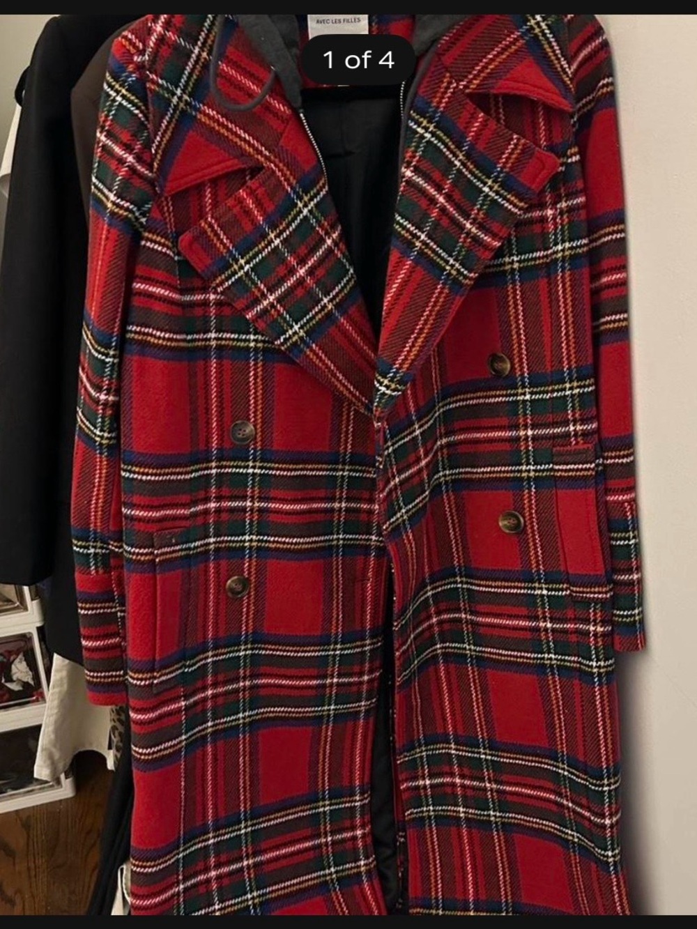 Avec Les Filles Red Plaid Double-Breasted Pea Coat